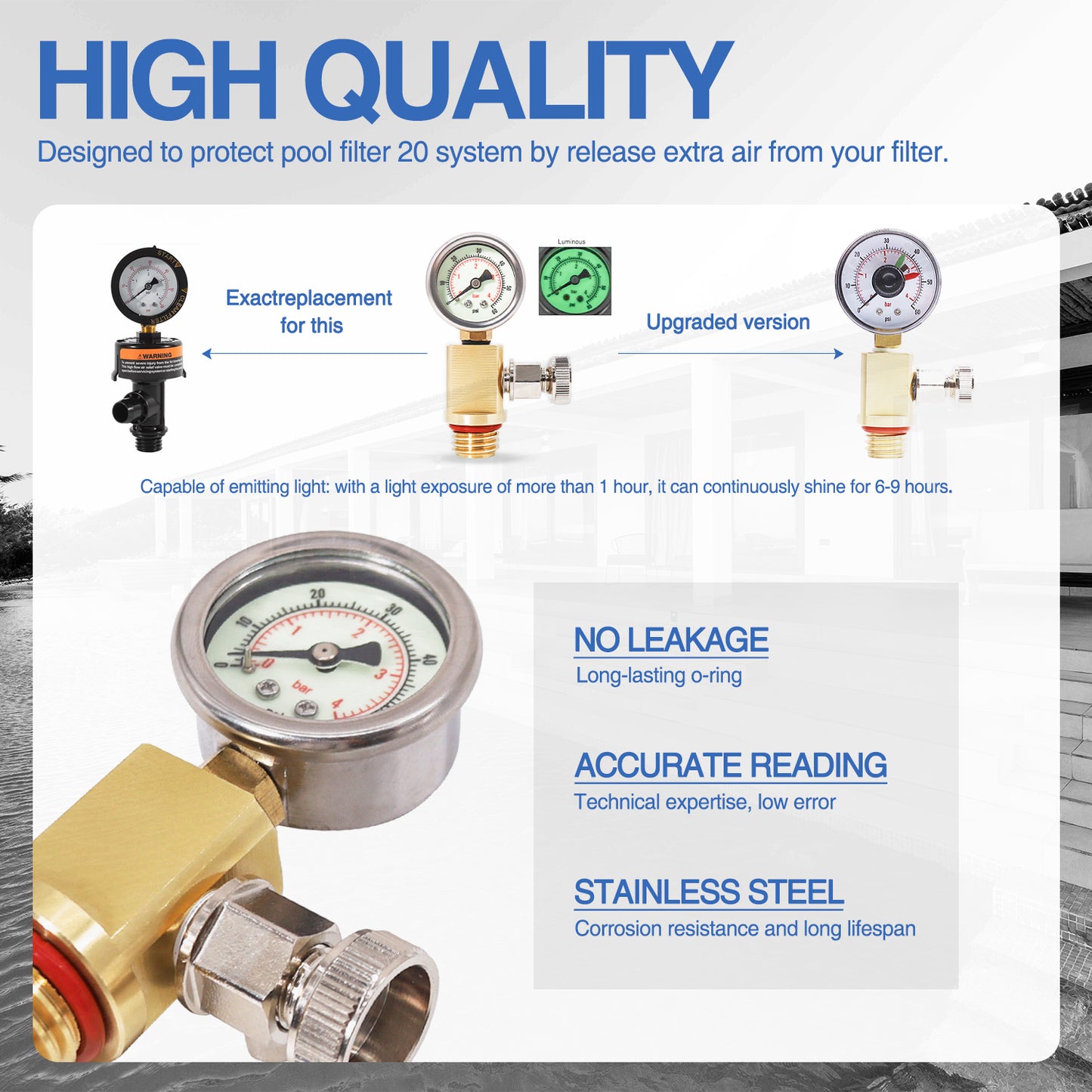 Upgraded RV40600 (98209800) Brass Air Relief Valve（Night light） | Compatible with Pool Filter Systems - FNS, Clean and Clear, Quad DE, 4000 Series Filters I Essential Pool Maintenance Accessory