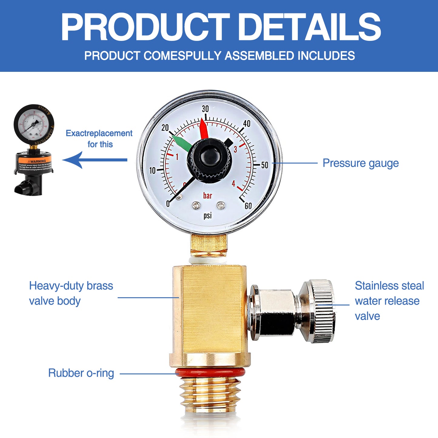 RV40600 (98209800) Brass Air Relief Valve | Compatible with Pool Filter Systems - FNS, Clean and Clear, Quad DE, 4000 Series Filters I Essential Pool Maintenance Accessory