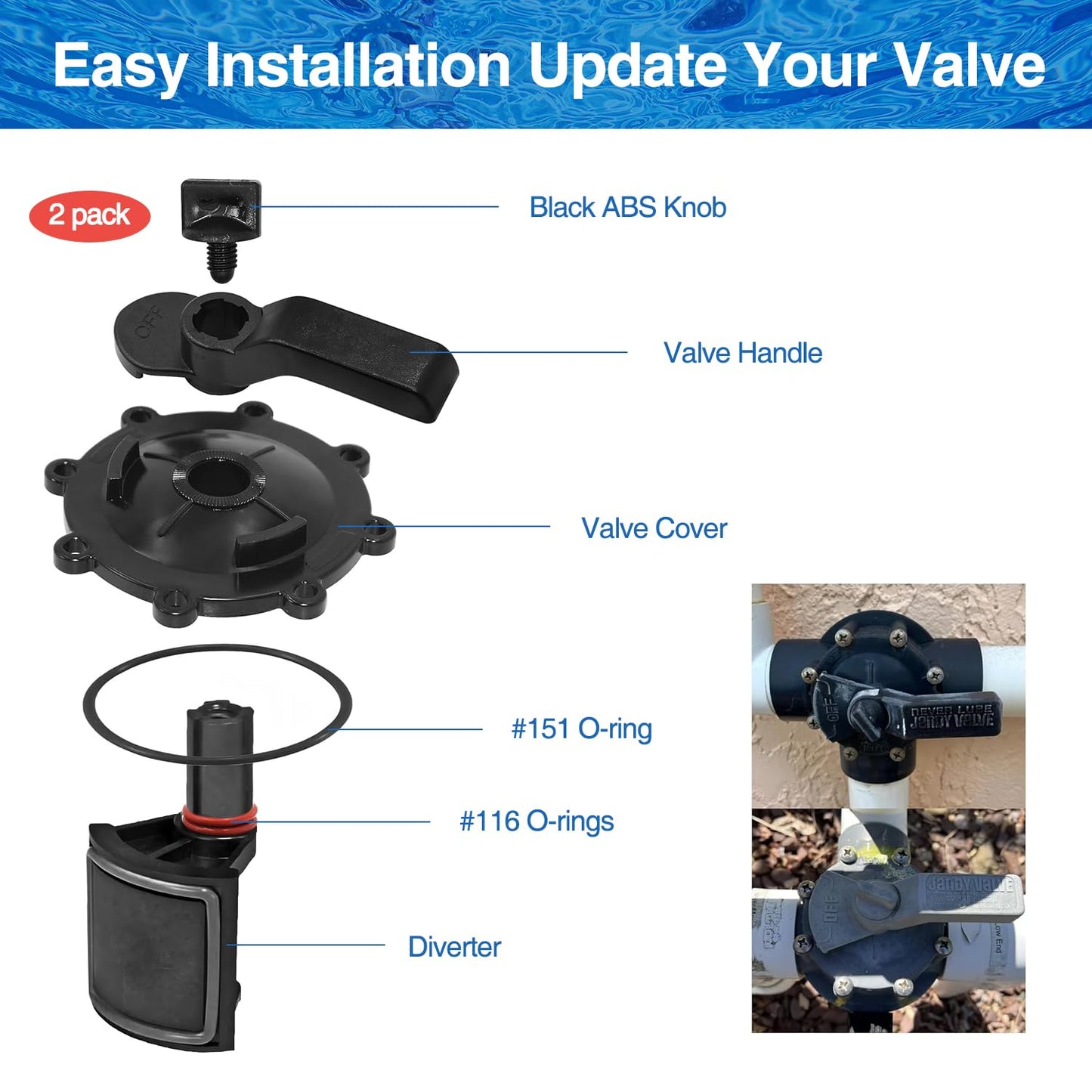 2-Port/3-Port Pool Valve Rebuild Complete Kit Compatible with Jandy 2-way/3-way 4715, 4716, 4717 Valve and Gray Valves with Diverter Valve 4720, Cover 4606, Handle 7433 (2 Pack)