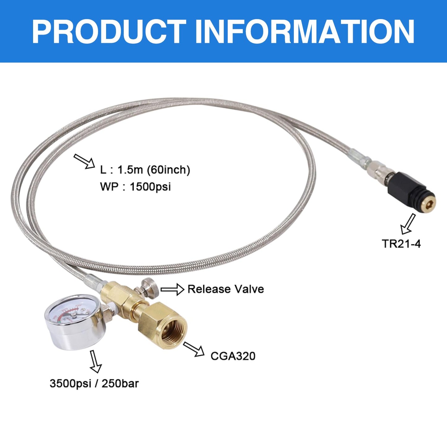 Upgraded Soda Machine Co2 Adapter Stainless Steel Hose with Larger Pressure Gauge, CGA320 Co2 Tank Direct Hose Adapter to Jet/One Touch/Fizzi/Aqua Fizz Soda Water Machine(60 inch)